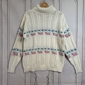 Vintage Sheridan Square Acrylic Hand Knit Cream Flower Sweater Sz Large
